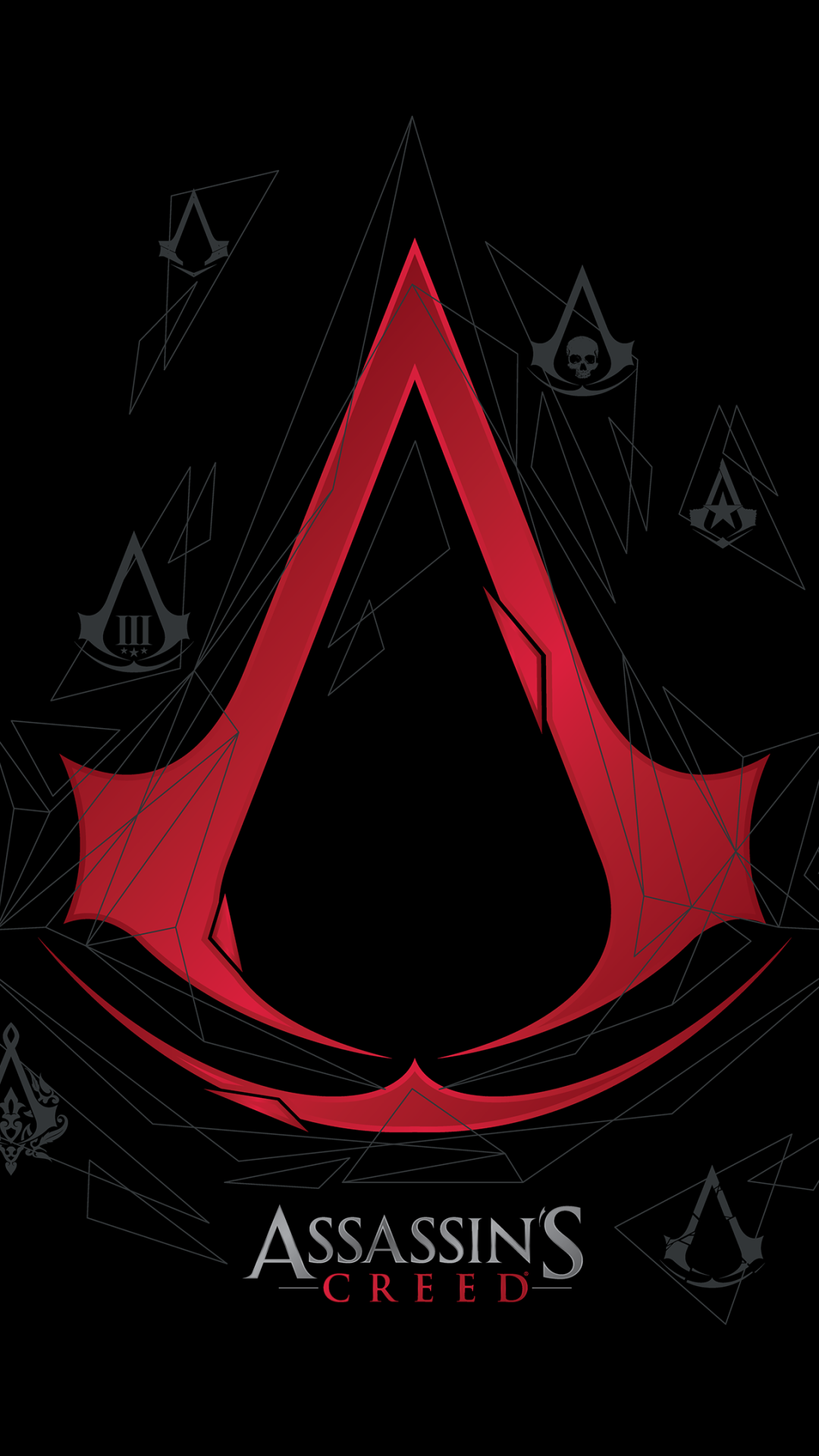 Phone wallpaper for the video game Assassin's Creed — bold red emblem on black, surrounded by smaller gray insignias and the Assassin's Creed title at the bottom.