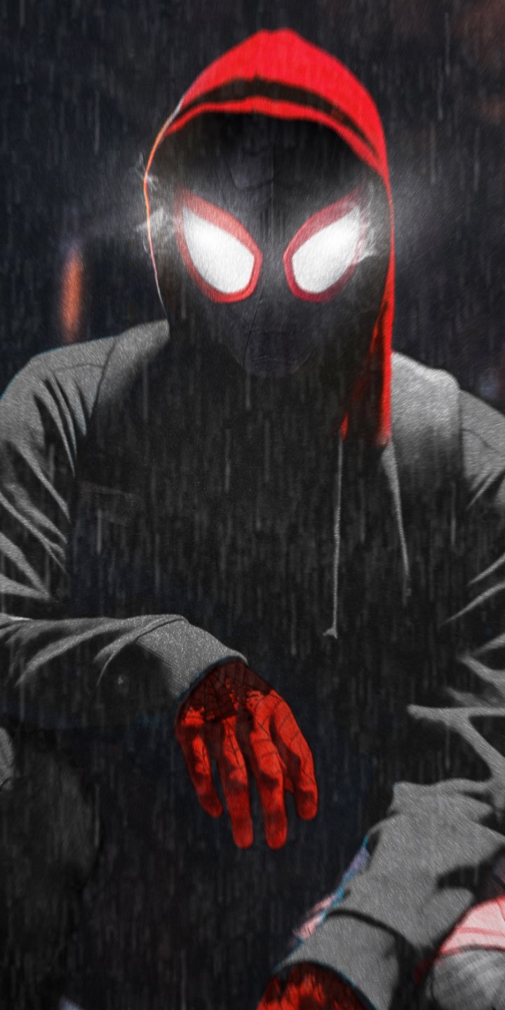 Phone wallpaper of Miles Morales as Spider-Man from the movie Spider-Man: Into the Spider-Verse, hooded in rain with glowing white eyes and a red-gloved hand.