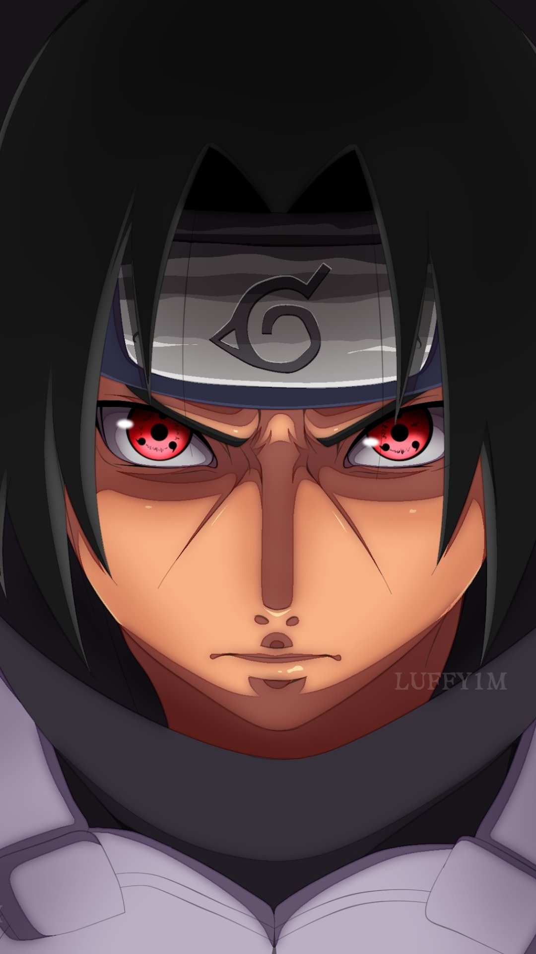 Close-up anime wallpaper of Itachi Uchiha from Naruto, featuring his intense red Sharingan eyes, designed for display on both iPhone and Android phones.
