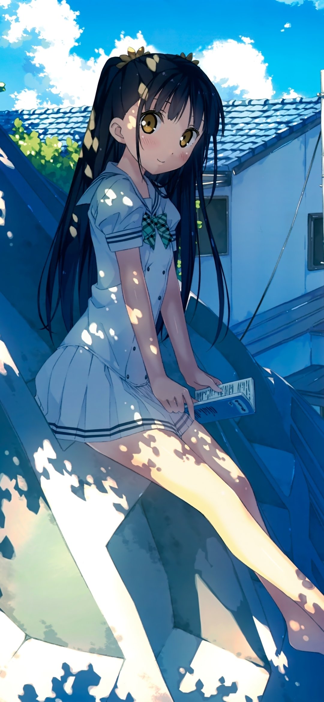 Phone wallpaper: 5 Nenme no Houkago anime girl — dark-haired schoolgirl in a white uniform sits on a rooftop, holding a notebook beneath dappled sunlight and a bright blue sky.