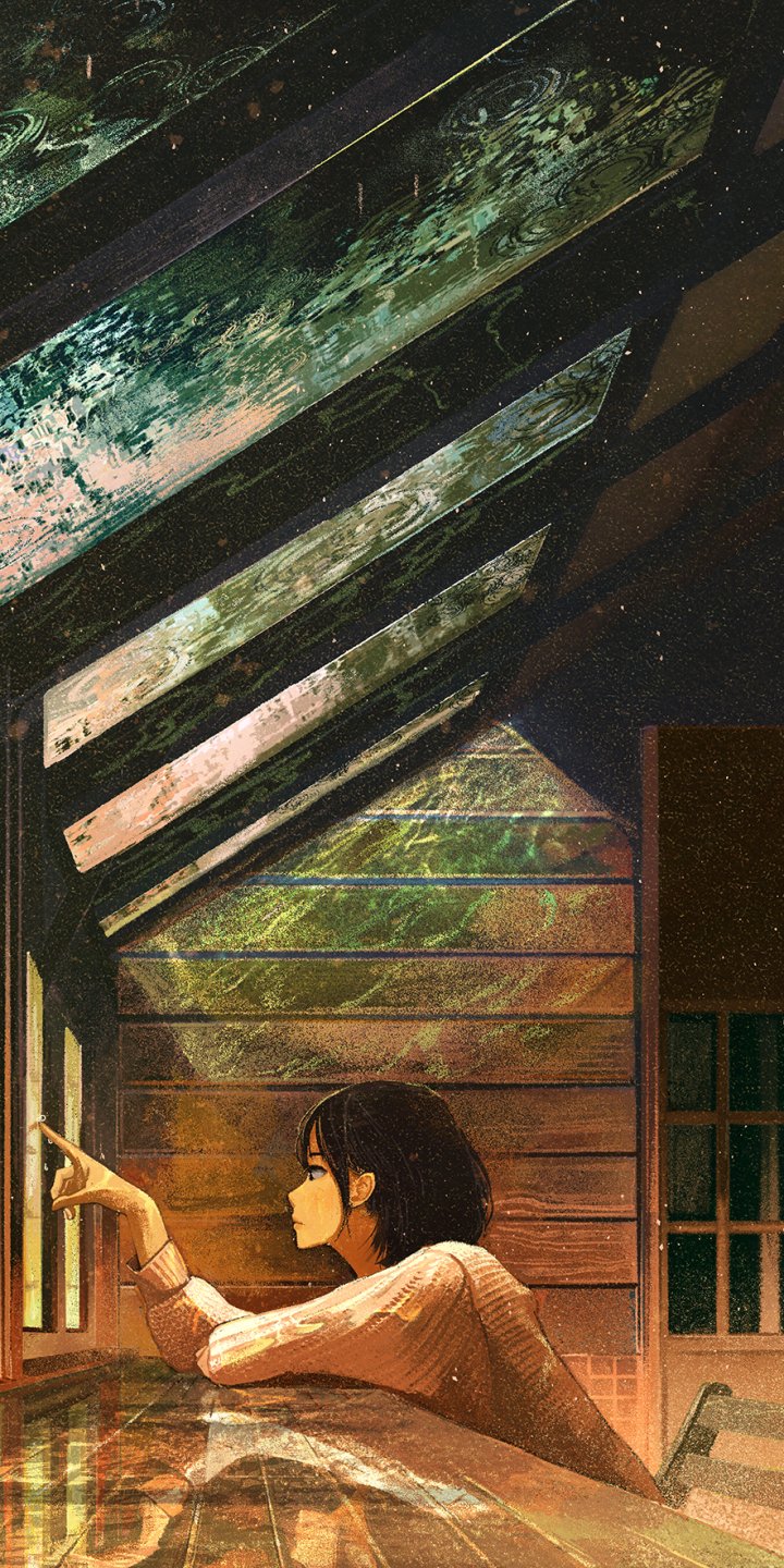 Phone wallpaper — Original Anime of a short, black-haired character leaning by attic skylights, fingers outstretched toward a starry night.