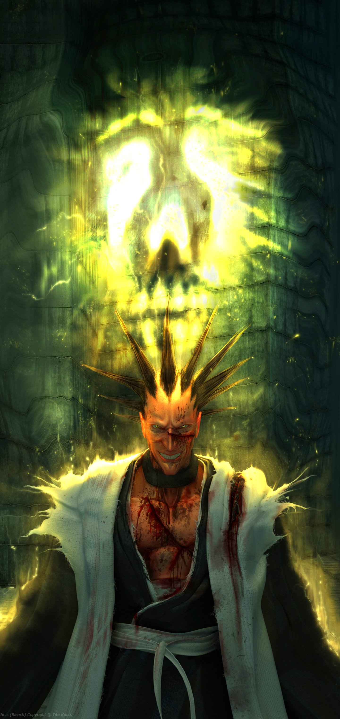 Kenpachi Zaraki from Bleach anime stands with a fierce expression, glowing skull aura behind him, styled as a dynamic phone wallpaper for iPhones and Android devices.