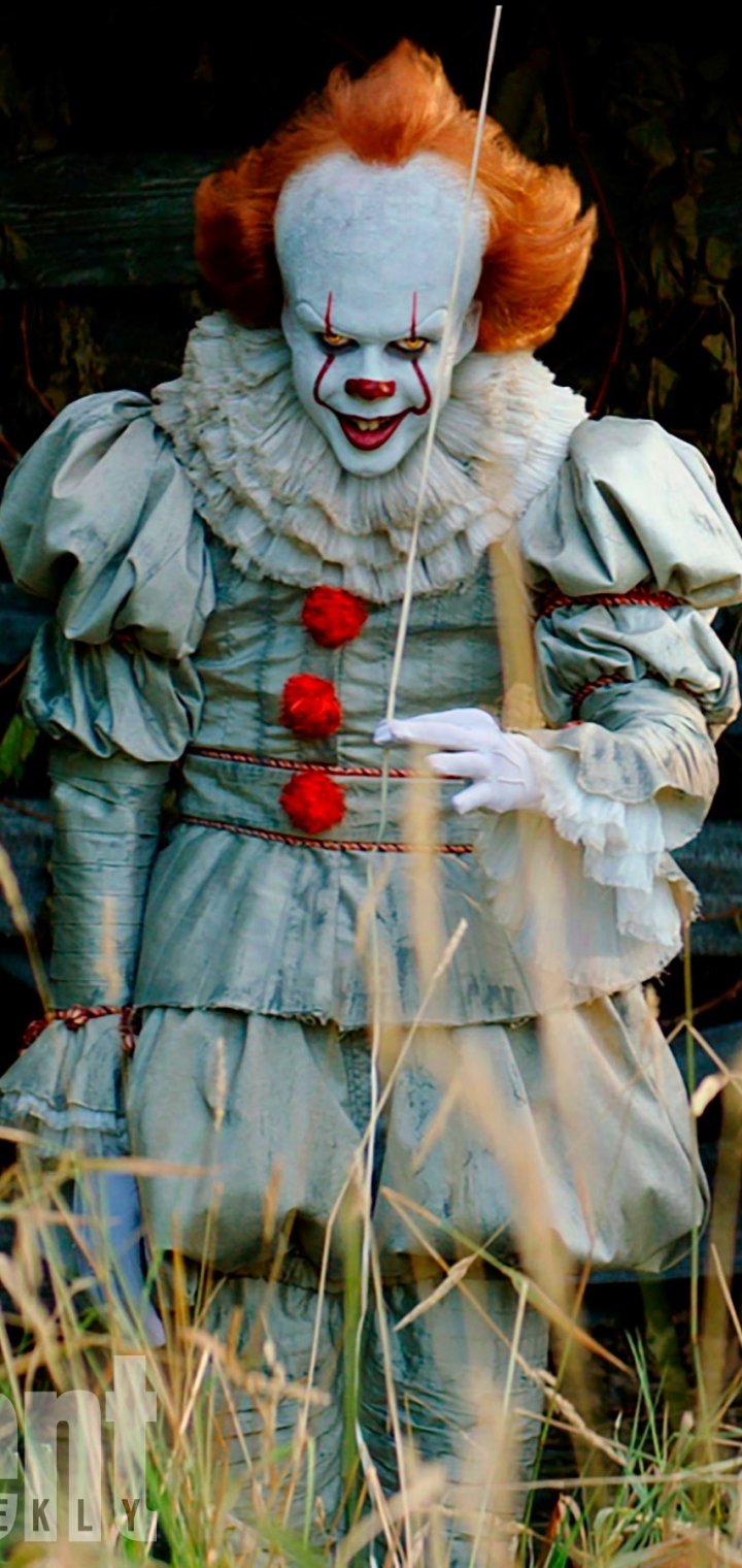 Phone wallpaper of Pennywise from the movie It (2017): pale-faced clown in a ruffled Victorian costume with red pom-poms and a sinister grin, standing amid tall grass.