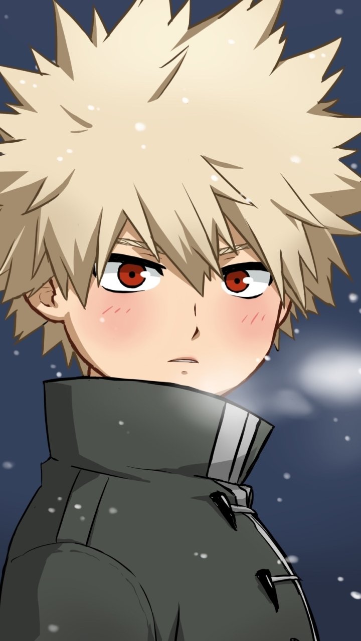 Phone wallpaper of Katsuki Bakugou from My Hero Academia: close-up anime portrait with spiky blond hair, red eyes, blushing cheeks and a snowy night background.