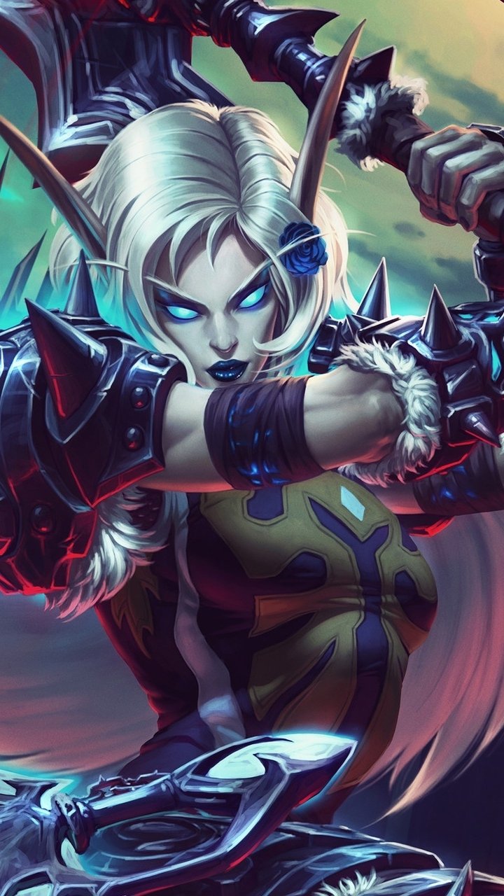 Phone wallpaper of a white‑haired night elf woman warrior with pointed ears and glowing blue eyes, clad in spiked armor and wielding weapons — World of Warcraft video game art.