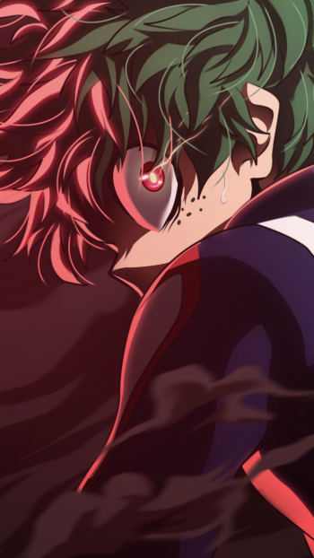 Phone wallpaper featuring Izuku Midoriya from My Hero Academia with a dramatic red and green color scheme, designed for both iPhone and Android displays.