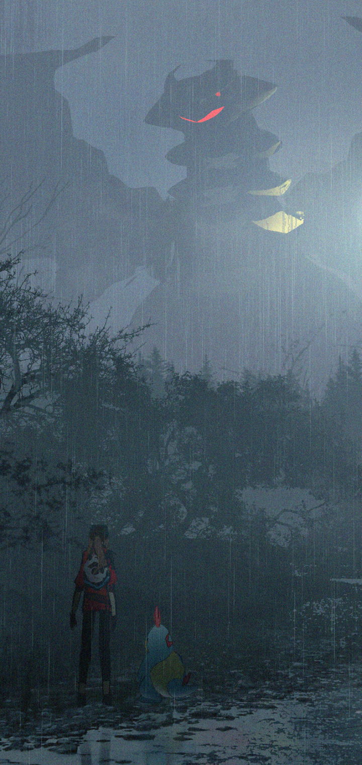 Phone wallpaper featuring Croconaw and Giratina from Pokémon in a rainy, dark anime-style forest scene, designed for iPhone and Android display.