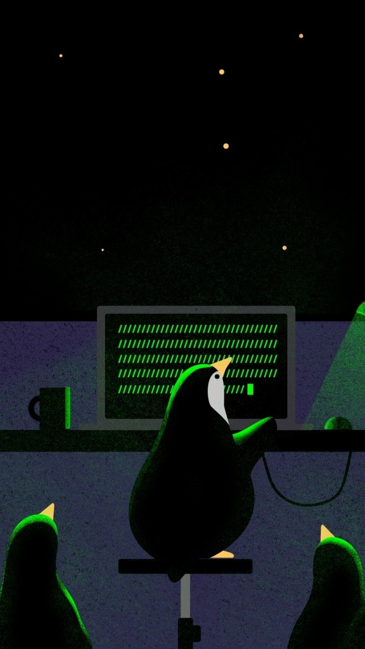 Phone wallpaper showing an animal-themed Linux scene: an emperor penguin at a glowing green computer terminal, two penguin silhouettes watching beneath a starry night.