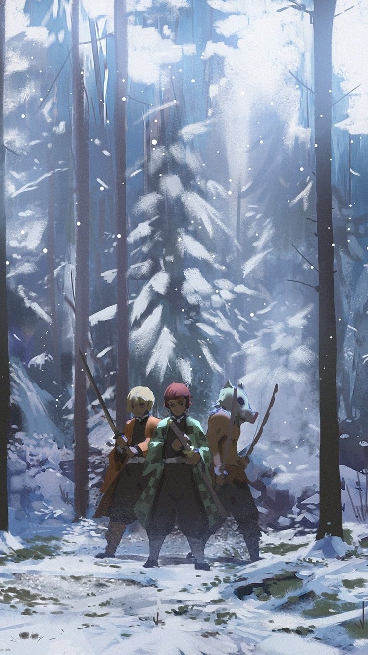 Anime phone wallpaper of Tanjiro Kamado, Zenitsu Agatsuma and Inosuke Hashibira from Demon Slayer: Kimetsu no Yaiba, standing back-to-back in a snowy, moonlit forest.