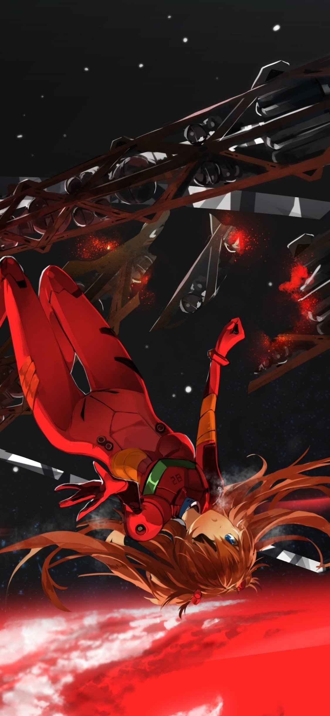 Phone wallpaper of Asuka Langley Sohryu from Neon Genesis Evangelion (Evangelion: 3.0), upside-down in her red plugsuit, floating over a red planet with space and EVA parts behind her.