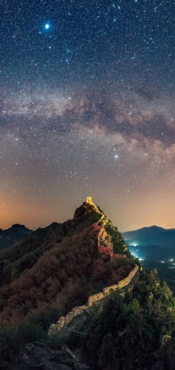 starry sky star sky panorama night nature landscape man made Great Wall of China Phone Wallpaper