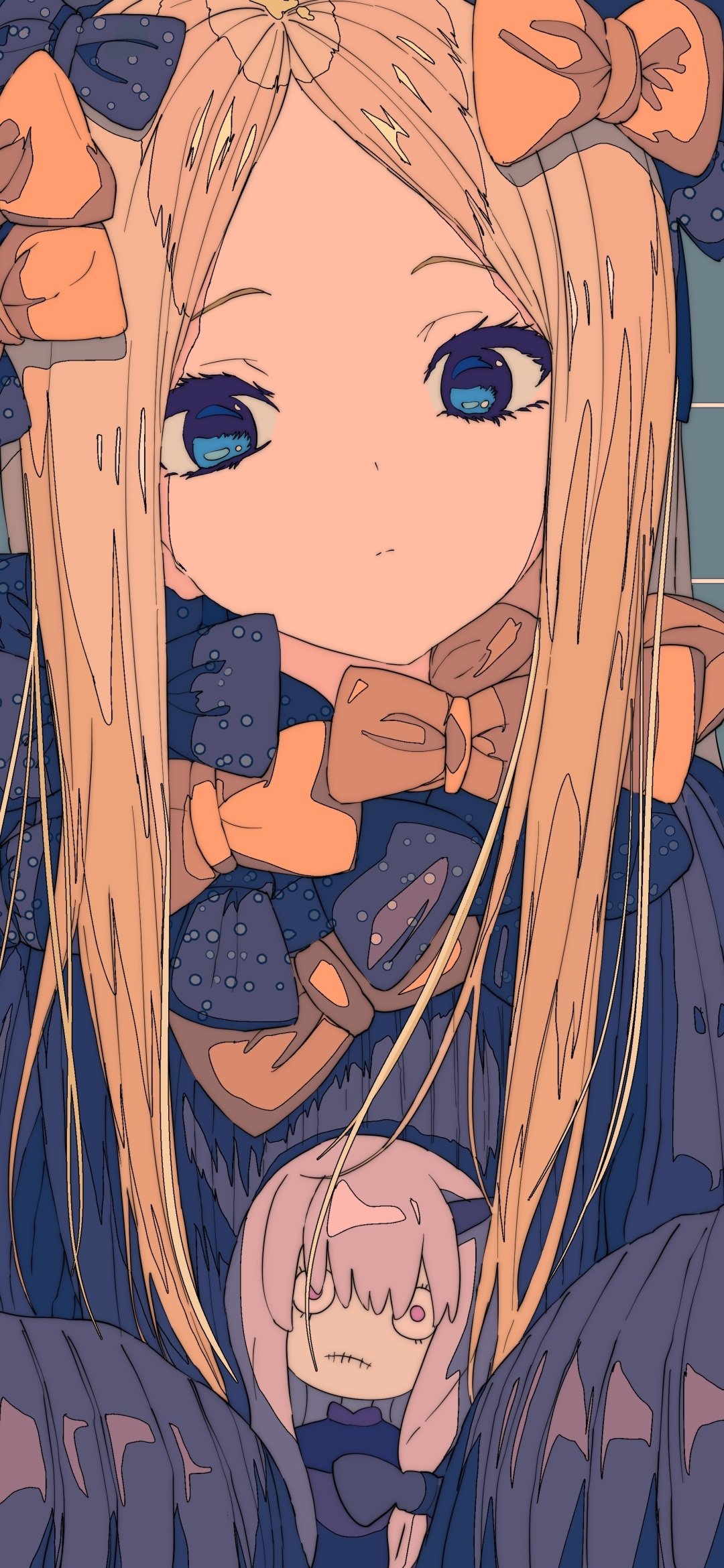 Phone wallpaper of Lavinia Whateley and Abigail Williams from the anime Fate/Grand Order — close-up of blue-eyed Lavinia with bows and a small Abigail plush.