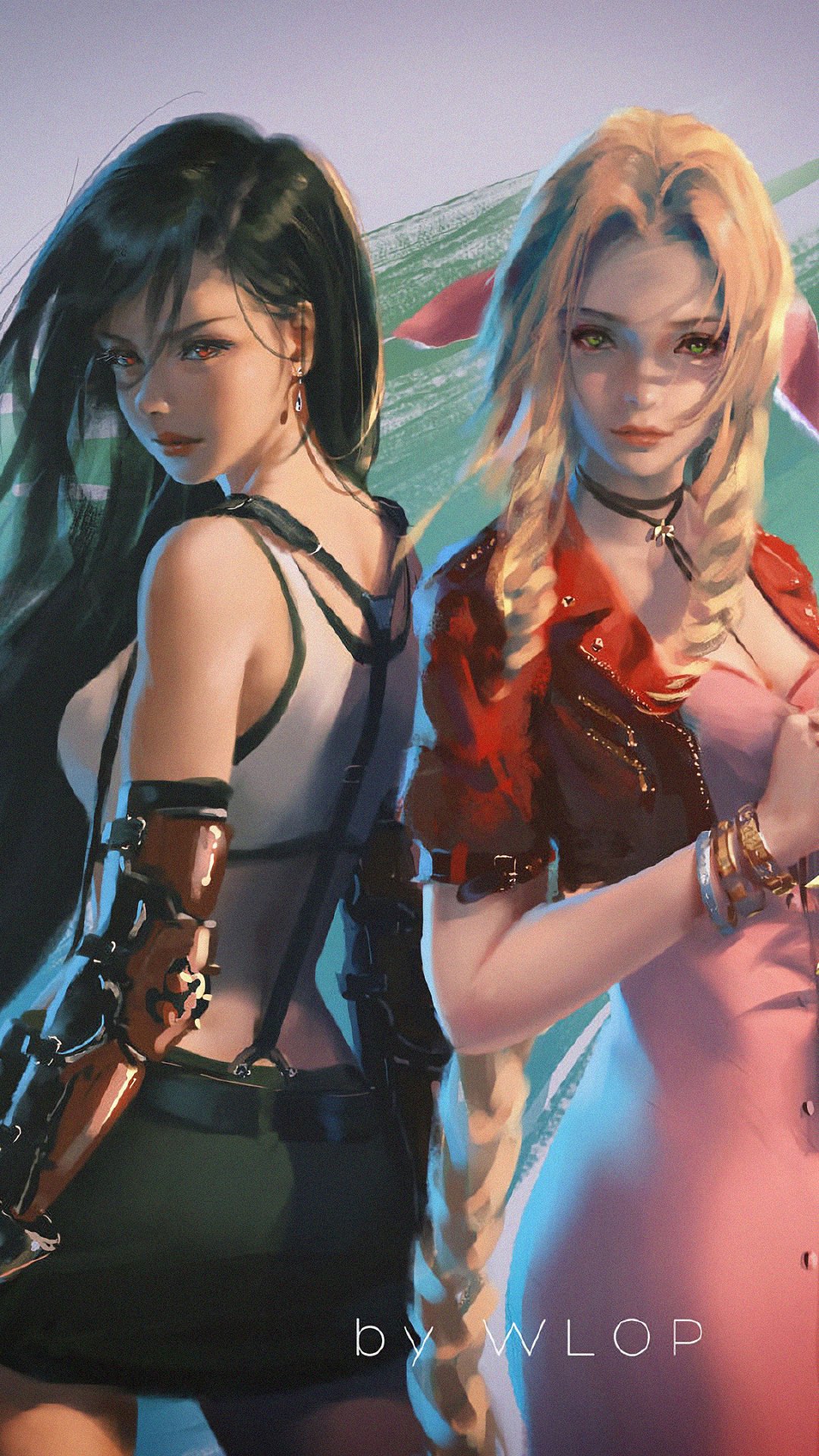 Phone wallpaper of Aerith Gainsborough and Tifa Lockhart from Final Fantasy VII / Final Fantasy VII Remake, stylized Final Fantasy video game art.