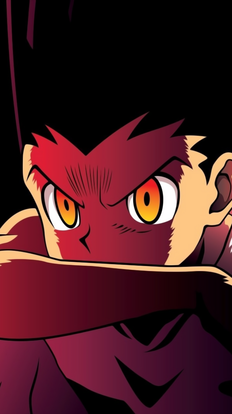 Phone wallpaper of Gon Freecss from Hunter x Hunter anime — intense close-up with glowing orange eyes, red-tinted shadows, and a fierce, determined expression.