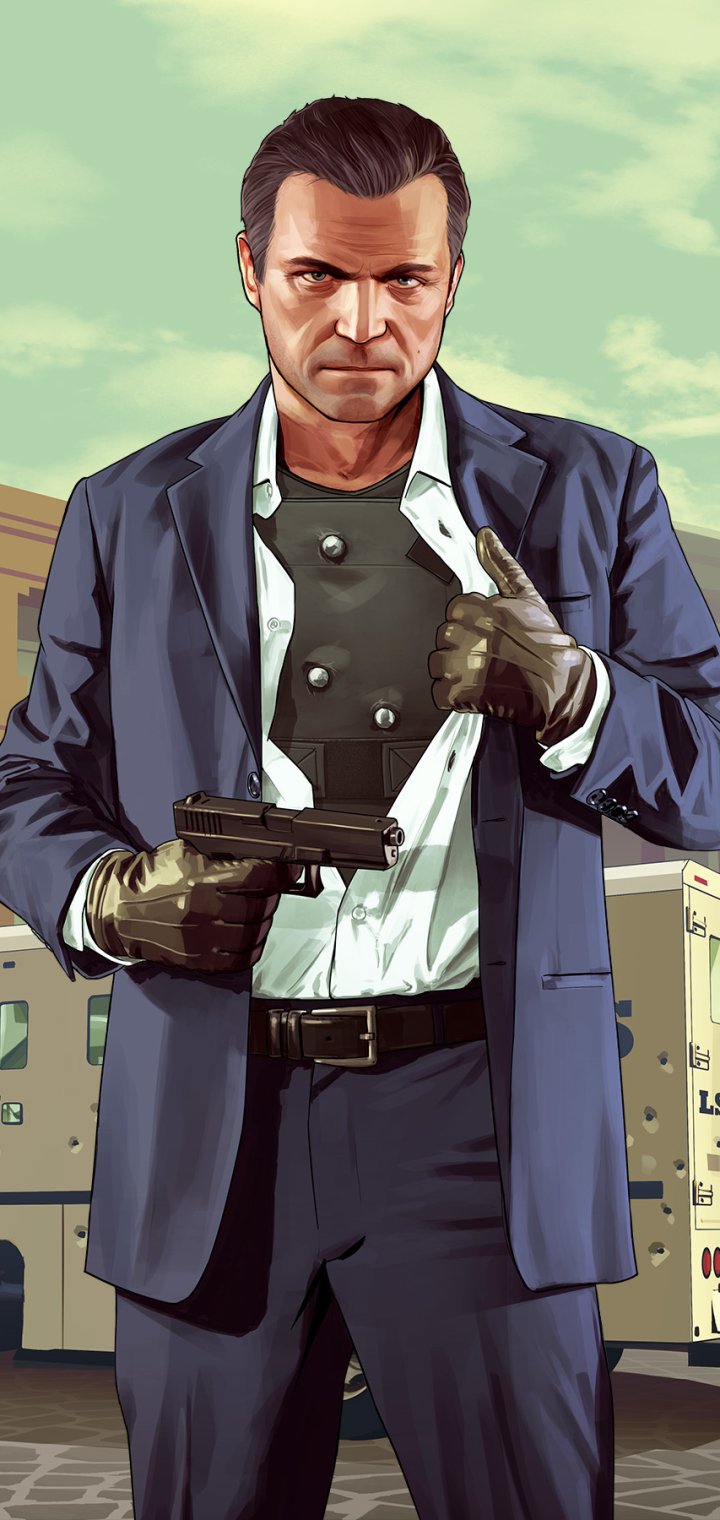 Phone wallpaper portrait of Michael De Santa from the video game Grand Theft Auto V: suited with a chest plate visible, pointing a pistol against a pale sky and urban backdrop.