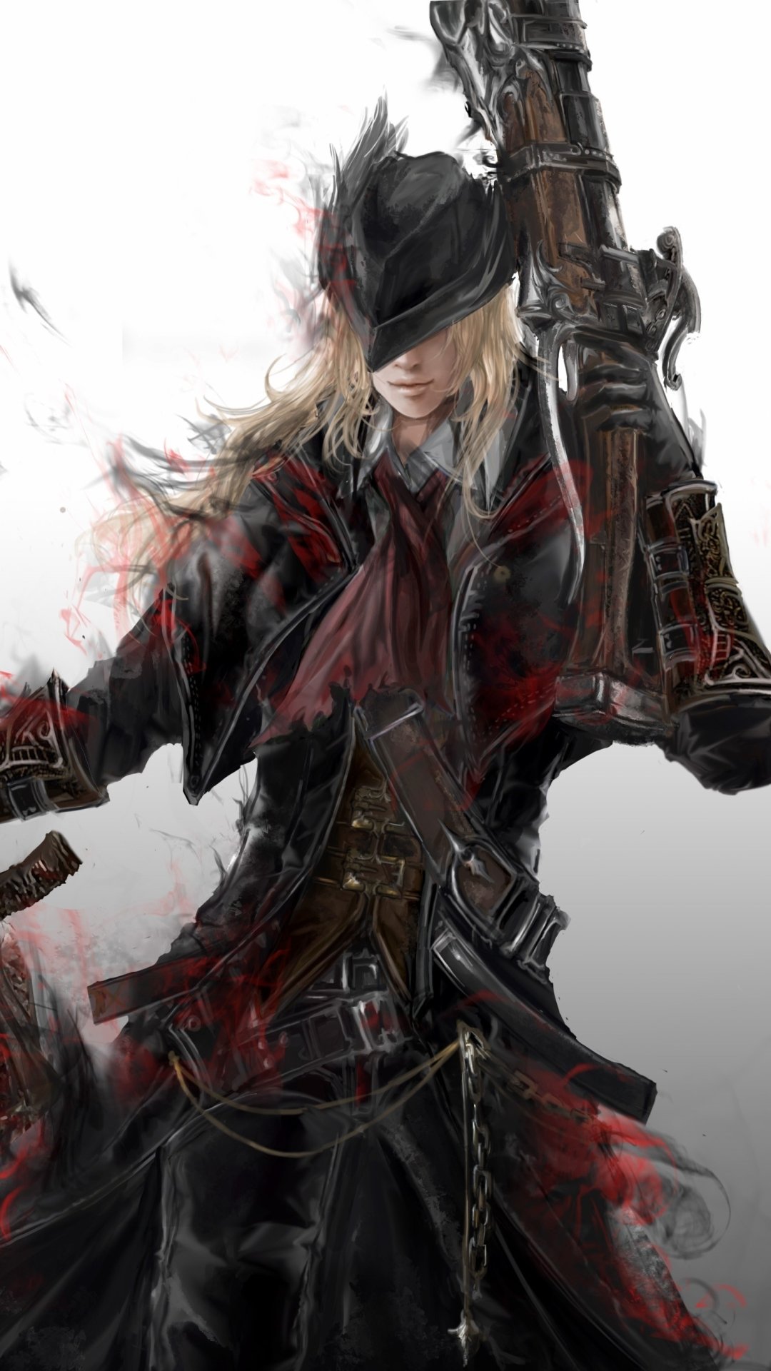 Phone wallpaper featuring a Bloodborne video game character in dark, detailed attire with a large weapon, designed for iPhone and Android screens.