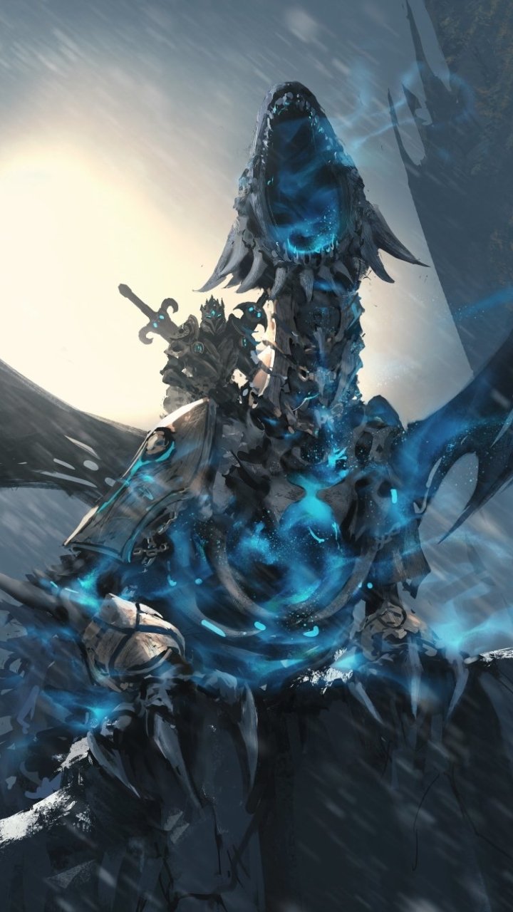 Phone wallpaper featuring a fierce armored warrior and glowing spectral dragon from World of Warcraft: Wrath of the Lich King, with icy, dark fantasy elements.