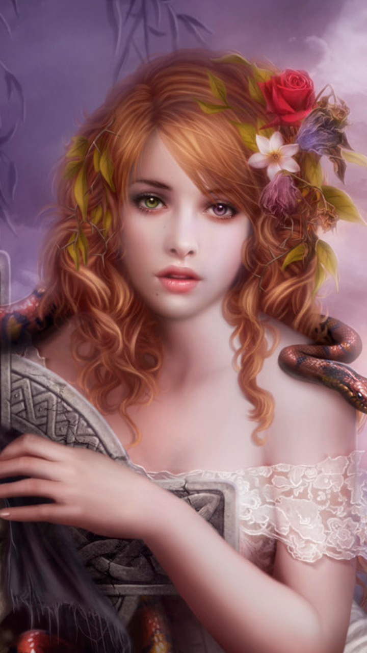 Download Heterochromia Flower Skeleton Fantasy Woman Phone Wallpaper
