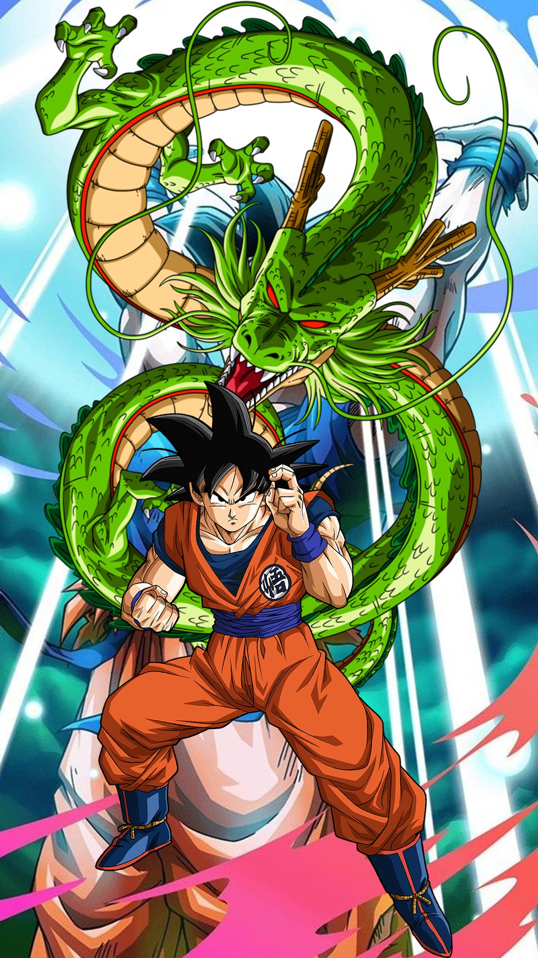 Mobile wallpaper featuring Goku from Dragon Ball Z with the green dragon Shenron coiled behind him, designed for both iPhone and Android screens.