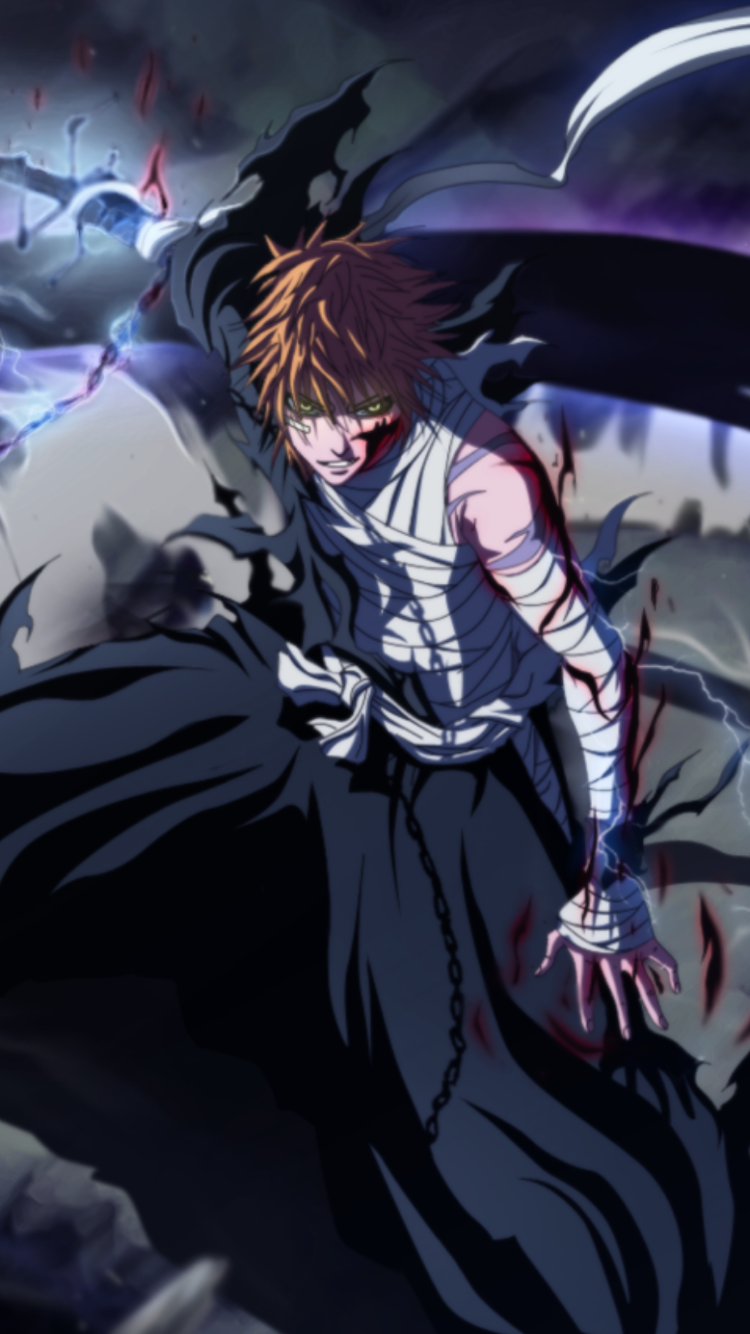 Phone wallpaper of Ichigo Kurosaki (Bleach) in half‑Hollow form, bloodied bandages and dark cloak, purple energy and debris swirling — made for iPhone and Android phones.