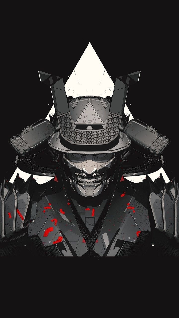 Phone wallpaper showing a dark fantasy samurai in stylized black armor and horned helmet, grim mask, glowing eyes and red blood-splatter accents.