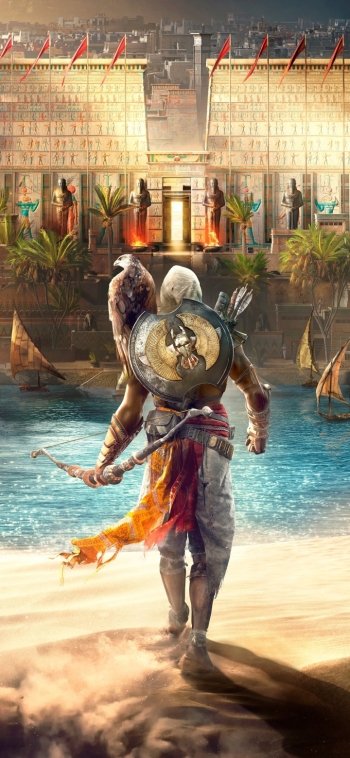 Phone wallpaper from the video game Assassin's Creed Origins: a hooded warrior with shield and bow walks along the Nile toward a sunlit Egyptian temple, with boats and palm trees on the water.