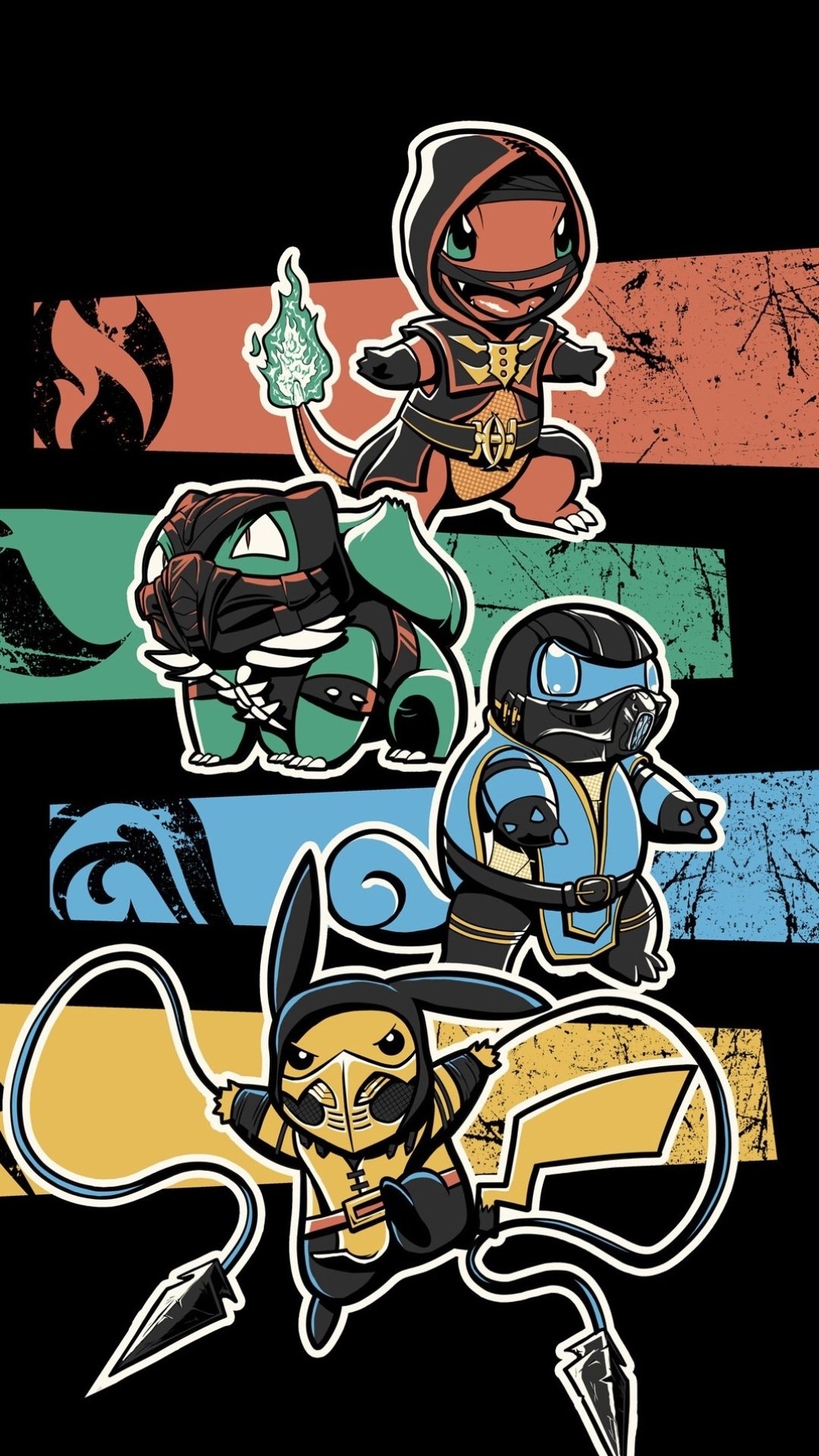 A phone wallpaper featuring Bulbasaur, Squirtle, Charmander, and Pikachu reimagined in Mortal Kombat-style outfits for a Pokémon and Mortal Kombat crossover.