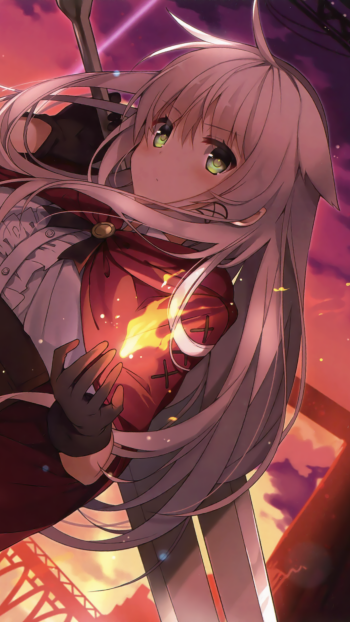 white hair flame green eyes Anime girl anime girl Phone Wallpaper