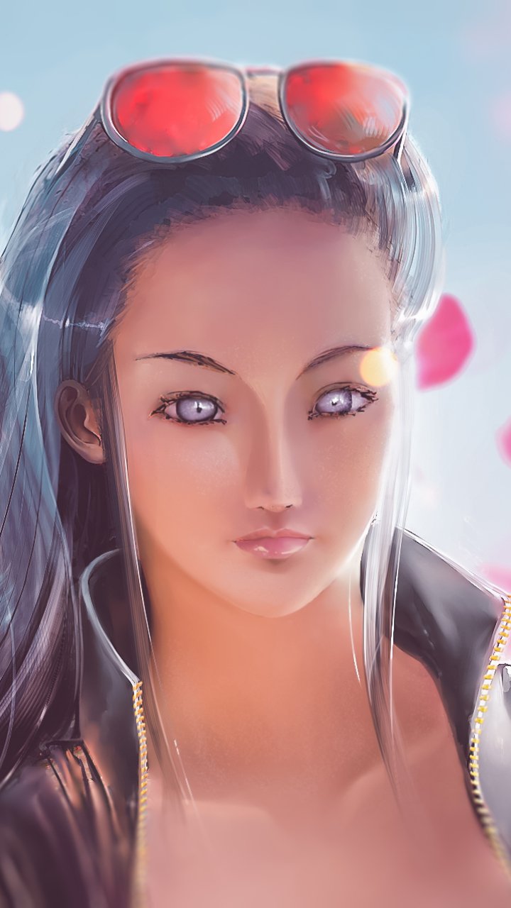 Phone wallpaper of Nico Robin (One Piece) — close-up anime portrait with sunglasses perched on her head, soft pastel background, luminous eyes and a serene expression.