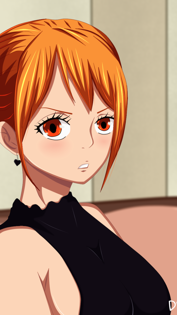 Phone wallpaper of Nami (One Piece): anime close-up with orange hair and black top, neutral expression — formatted for iPhone and Android screens.