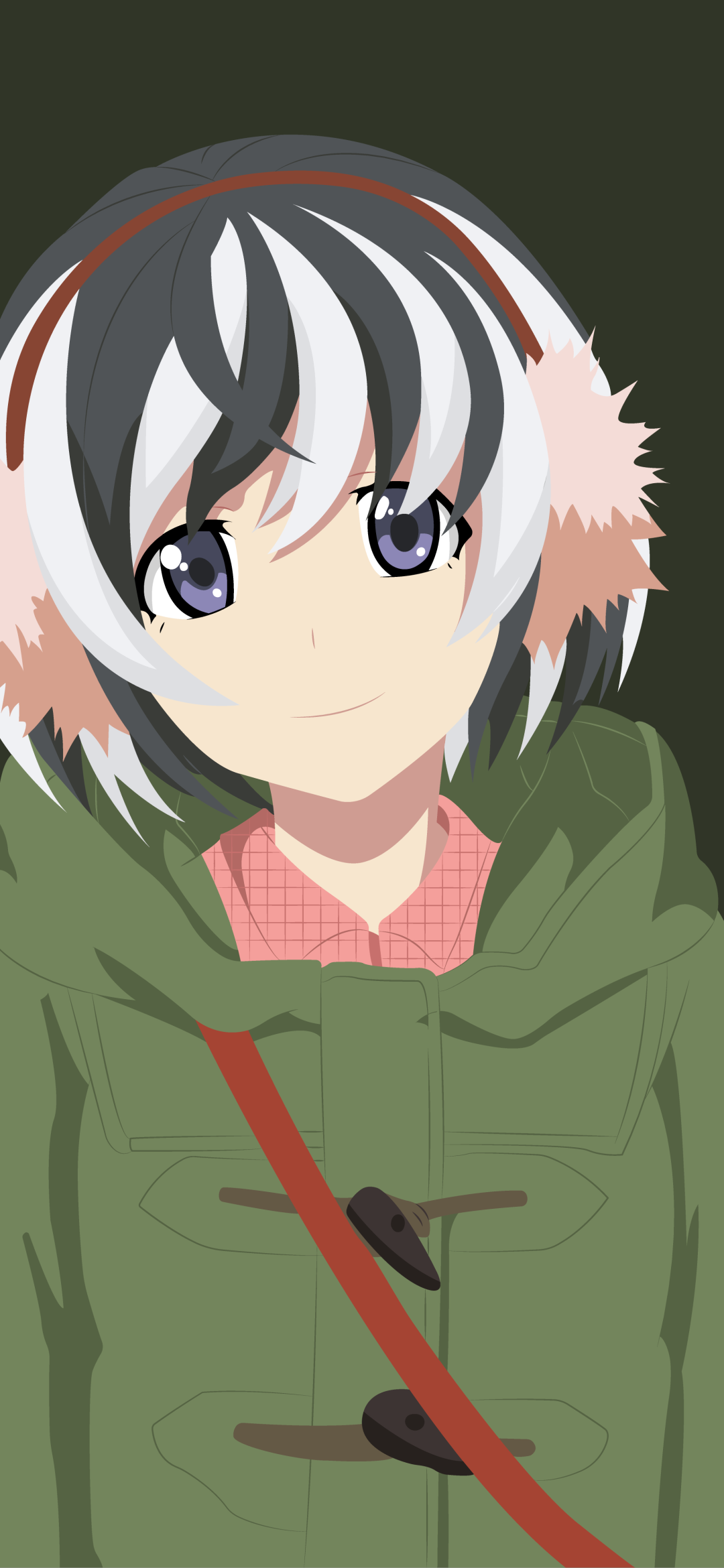 Phone wallpaper of Tsubasa Hanekawa (Monogatari series): anime-style portrait with two-toned white-and-black hair, purple eyes, fluffy earmuffs, green coat and a gentle smile.