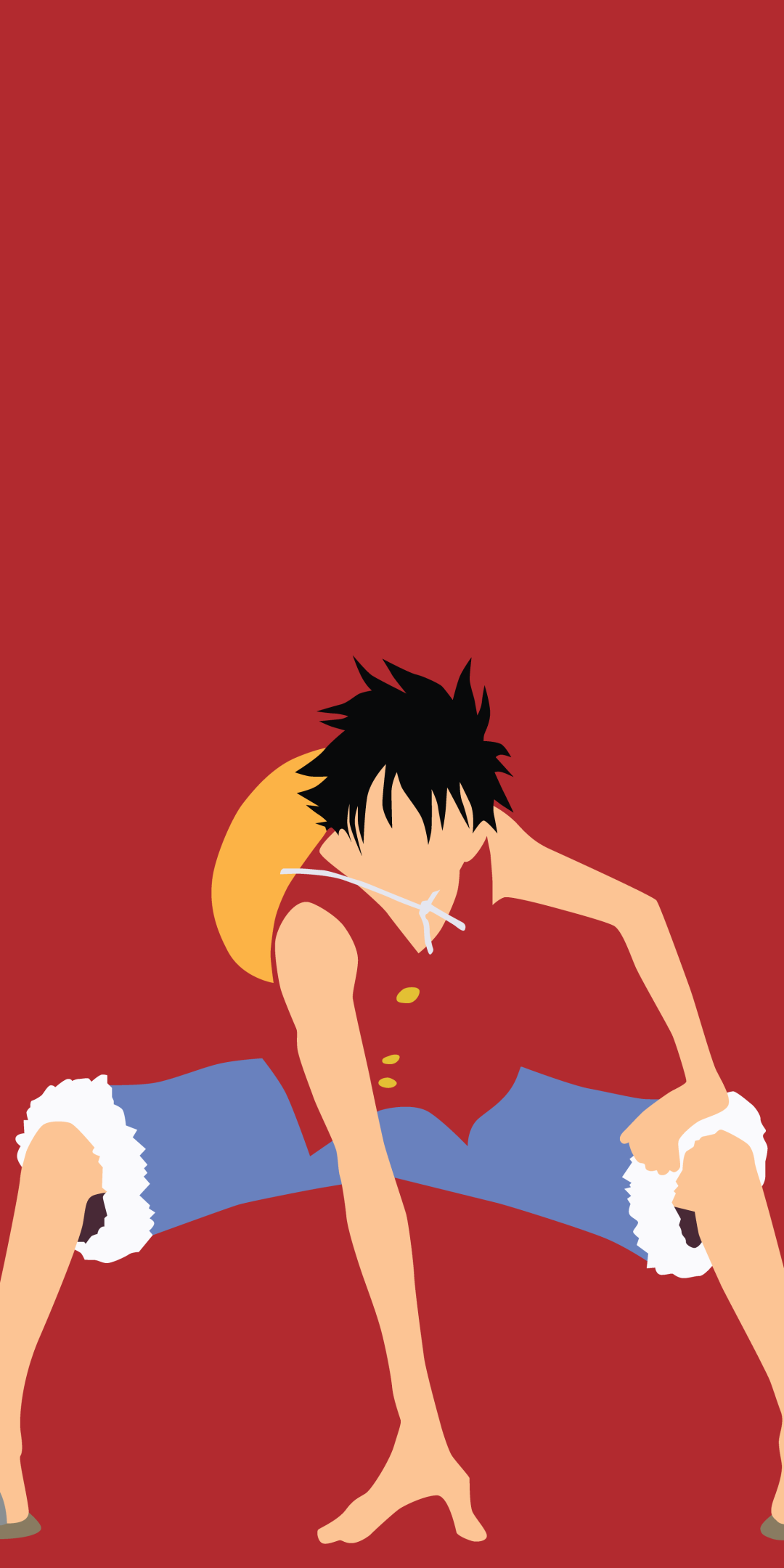 Phone wallpaper of Monkey D. Luffy (One Piece) — stylized anime art: crouching pose, red vest and blue shorts, black hair with straw hat, yellow sun on a solid red background.