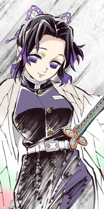 Anime phone wallpaper featuring Shinobu Kochou from Demon Slayer: Kimetsu no Yaiba, with soft purple hues and her signature butterfly hair accessory.