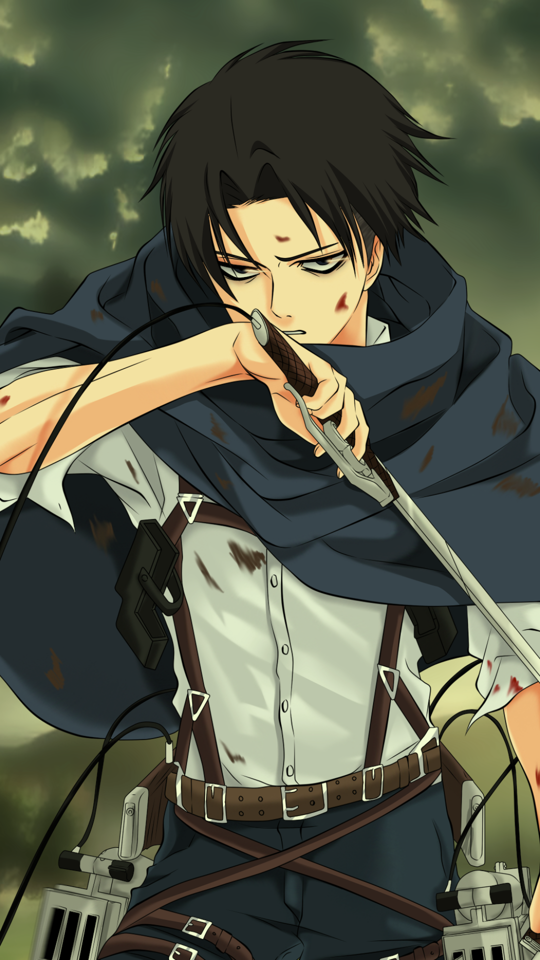 Anime phone wallpaper of Levi Ackerman (Attack on Titan): black‑haired soldier with blades and ODM gear, cloak billowing, poised to strike against a stormy green sky.