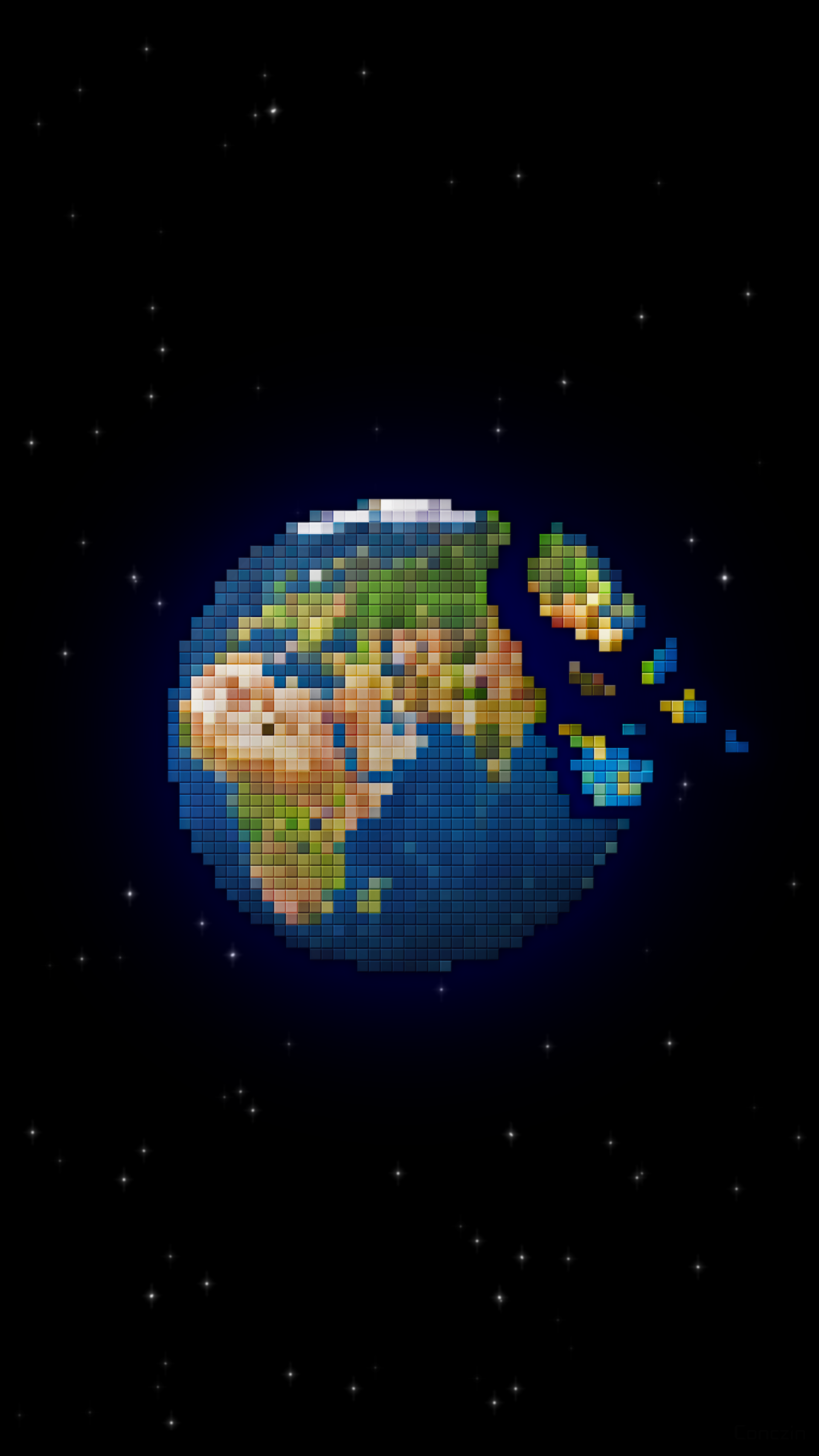 Pixel art phone wallpaper depicting Earth with continents and stars in space, designed for display on iPhones and Android devices.