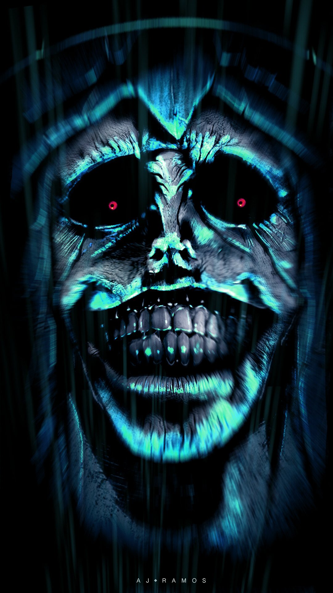 Phone wallpaper featuring a dark, eerie face with glowing blue highlights from the anime Solo Leveling, compatible with both iPhone and Android screens.