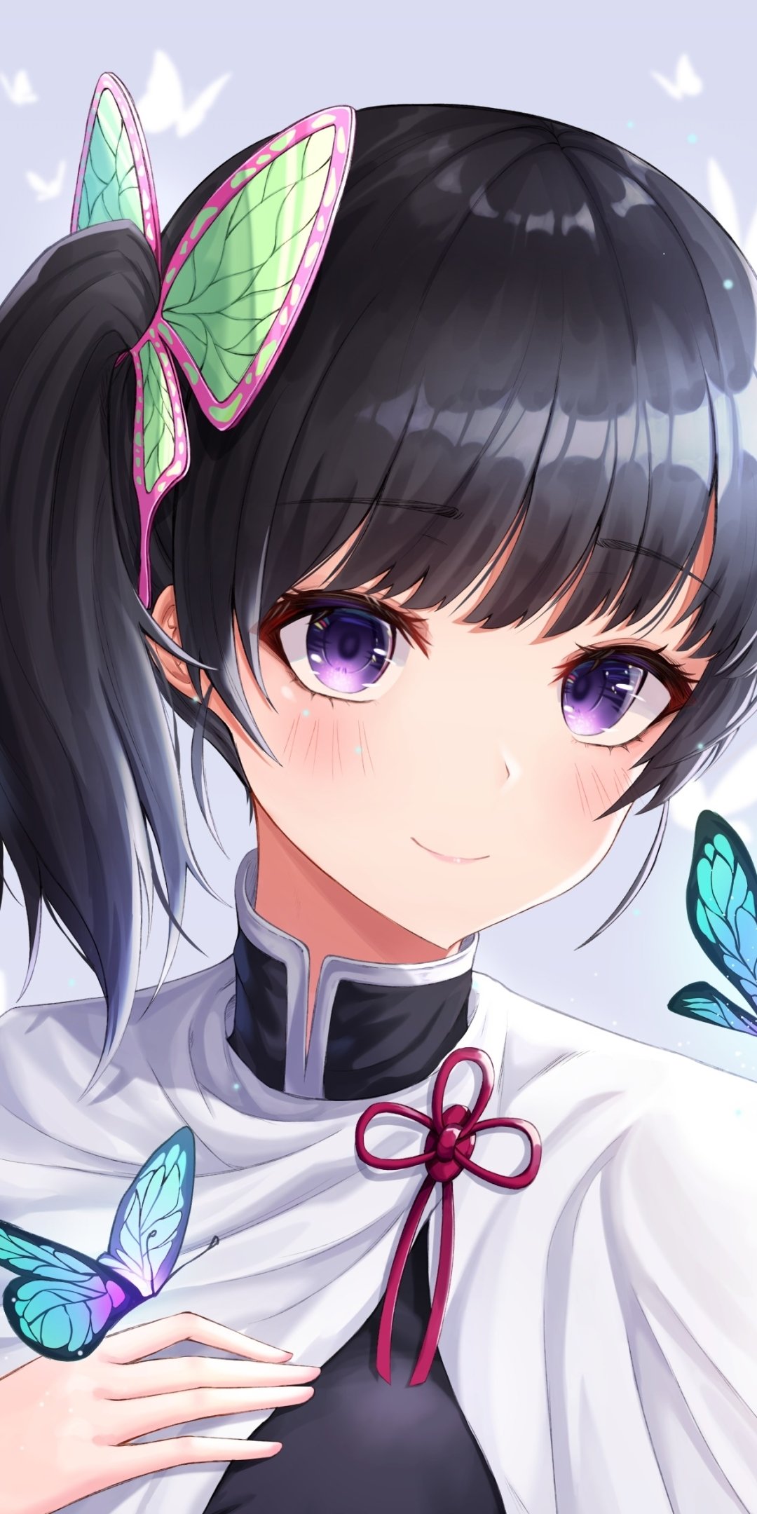 Kanao Tsuyuri (Demon Slayer: Kimetsu no Yaiba) phone wallpaper — close-up anime portrait with purple eyes, butterfly hairpin and pastel background dotted with butterflies.