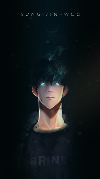 Phone wallpaper of Sung Jin‑Woo (Solo Leveling) in anime style: shadowed face with glowing eyes, smoky dark aura and white earbuds.