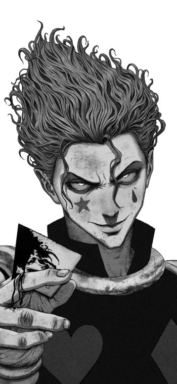 Black and white anime-style phone wallpaper featuring Hisoka from Hunter × Hunter with detailed hair and facial markings, compatible with iPhone and Android screens.