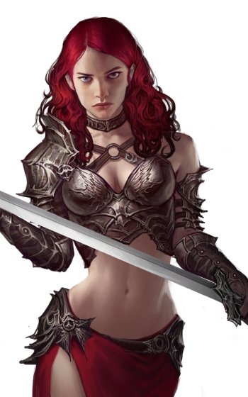 sword blue eyes red hair woman warrior fantasy Phone Wallpaper