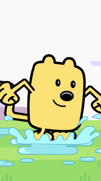 Phone wallpaper of Wubbzy (Wow! Wow! Wubbzy!), the yellow TV show character, joyfully splashing in blue puddles on a light background.