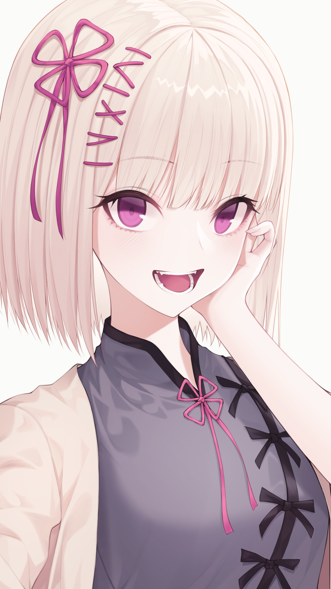 Phone wallpaper of an Original anime girl with purple eyes, pale bob, flower hairpin and a playful fang, wearing a cheongsam-style top.