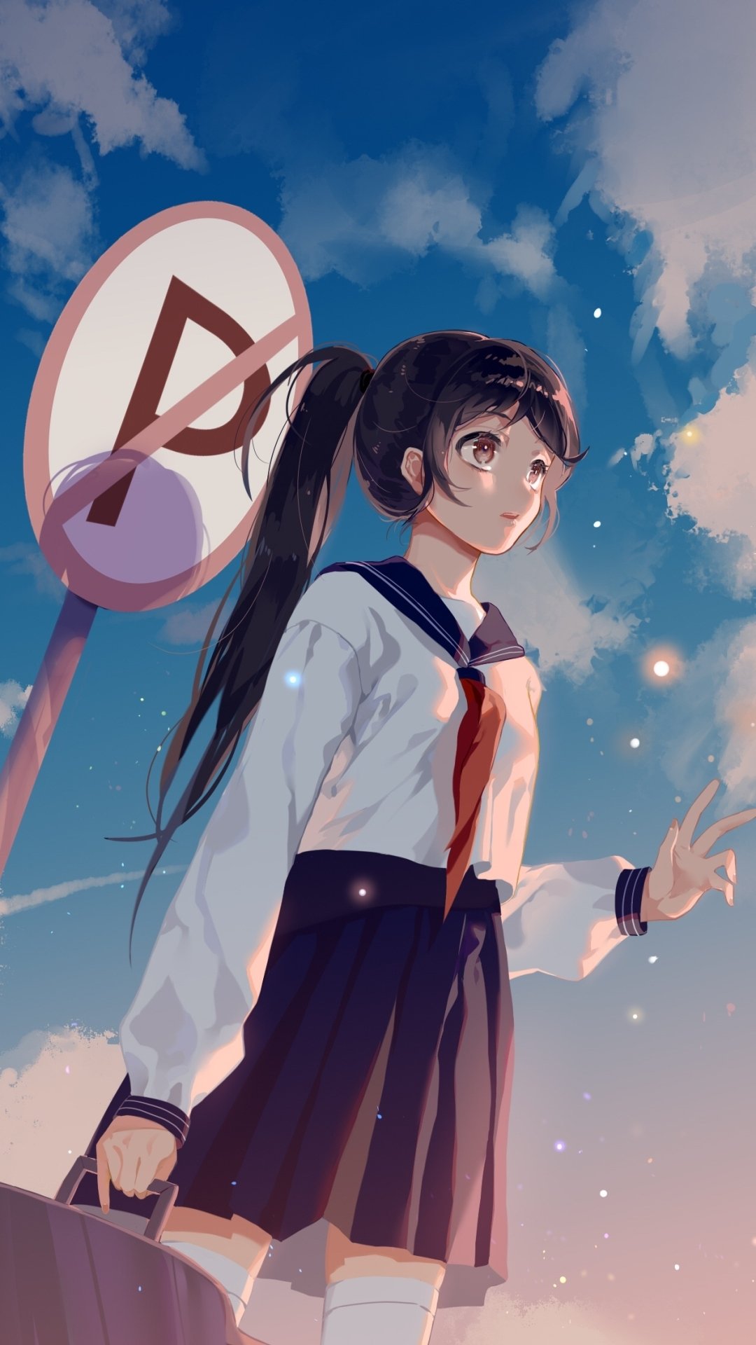 Download Schoolgirl Brown Eyes Brown Hair Sign Ponytail Long Hair School Uniform Anime Original Phone Wallpaper
