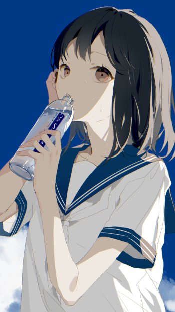 short hair black hair brown eyes bottle Anime Original Phone Wallpaper