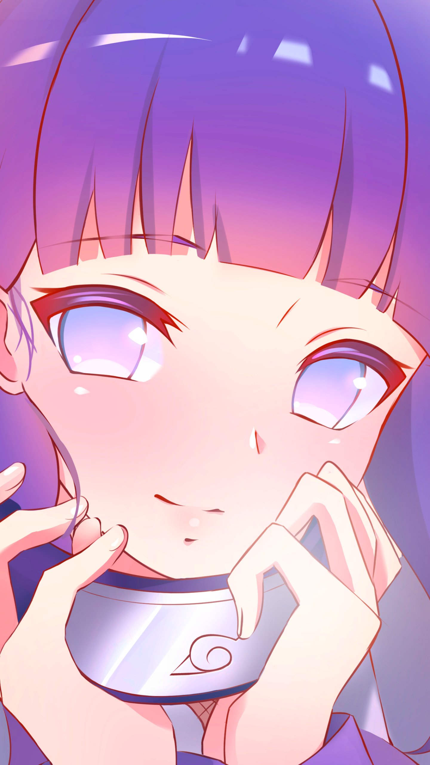 Close-up anime-style phone wallpaper featuring Hinata Hyuga from Naruto with soft purple hues, designed for display on both iPhone and Android screens.
