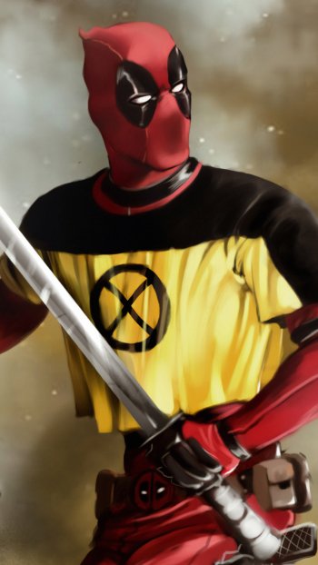 Comic Deadpool in a red suit and yellow X‑Men shirt, gripping a katana against a smoky background — phone wallpaper.