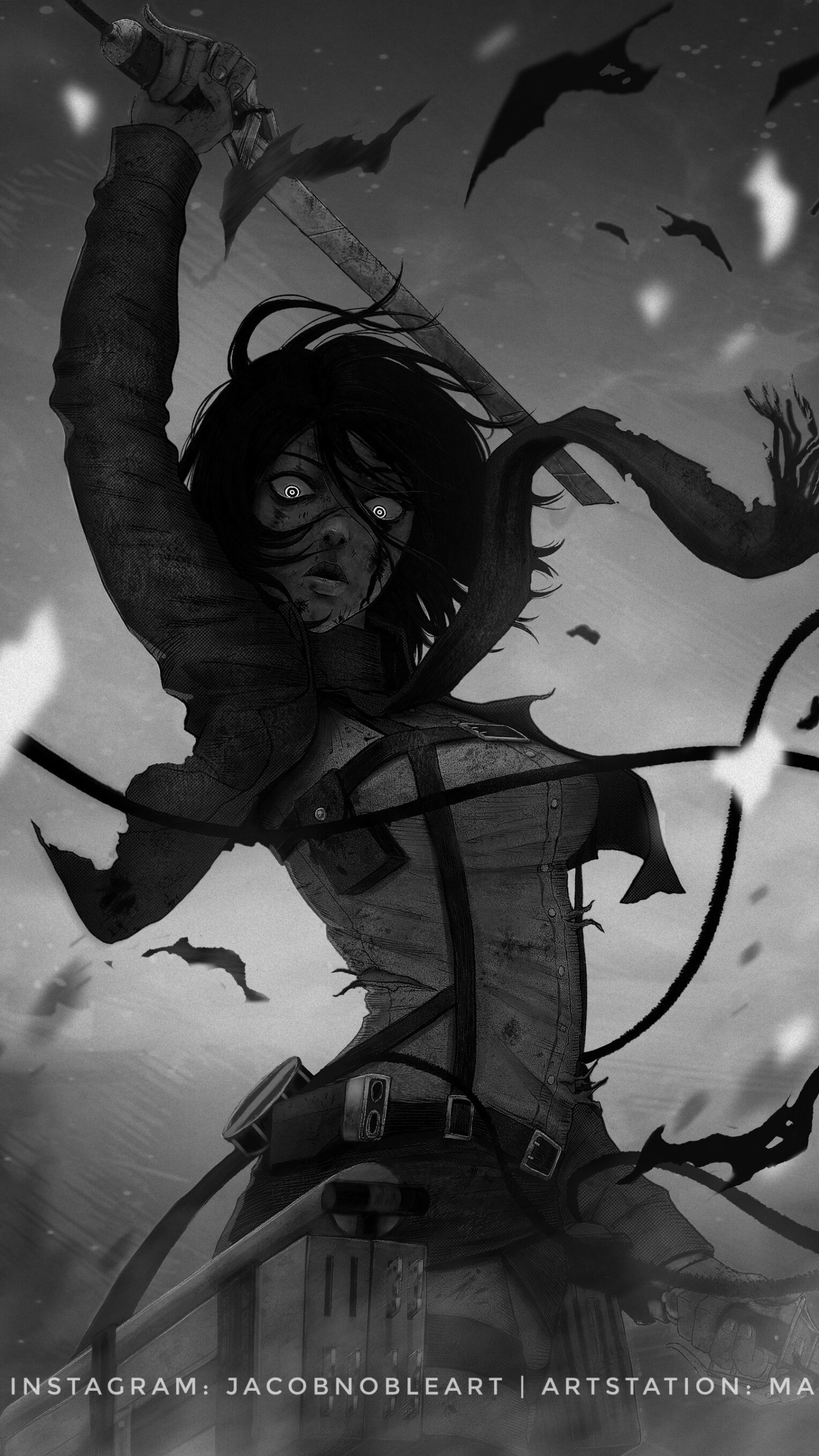 Monochrome anime phone wallpaper of Mikasa Ackerman from Attack on Titan, featuring dynamic pose with a raised blade and dark, intense atmosphere for iPhone and Android screens.