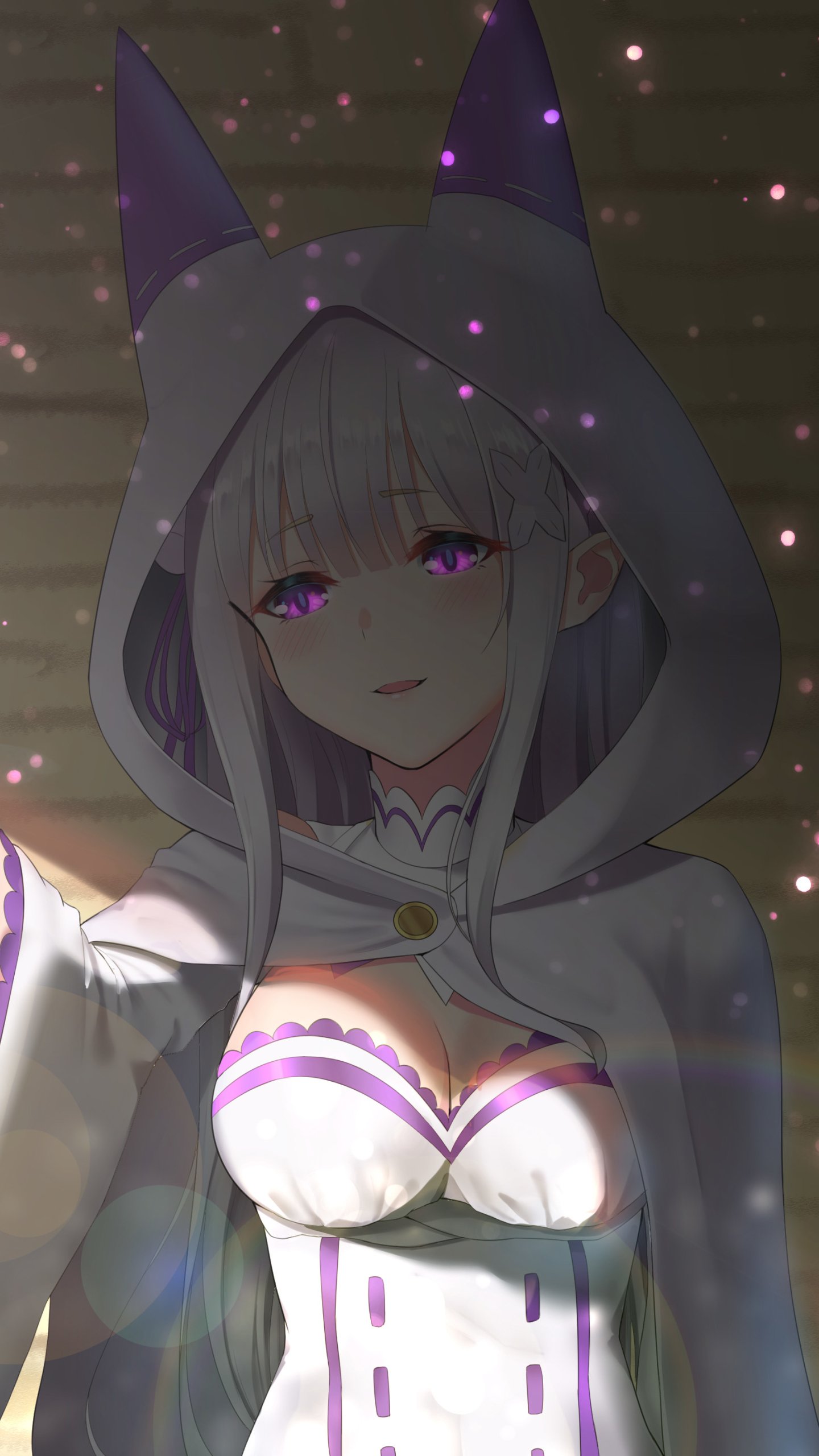 Emilia (Re:ZERO) anime phone wallpaper for iPhone and Android: Emilia in a hooded cloak with cat-ear hood, purple eyes and soft sparkles — from Re:Zero - Starting Life in Another World.