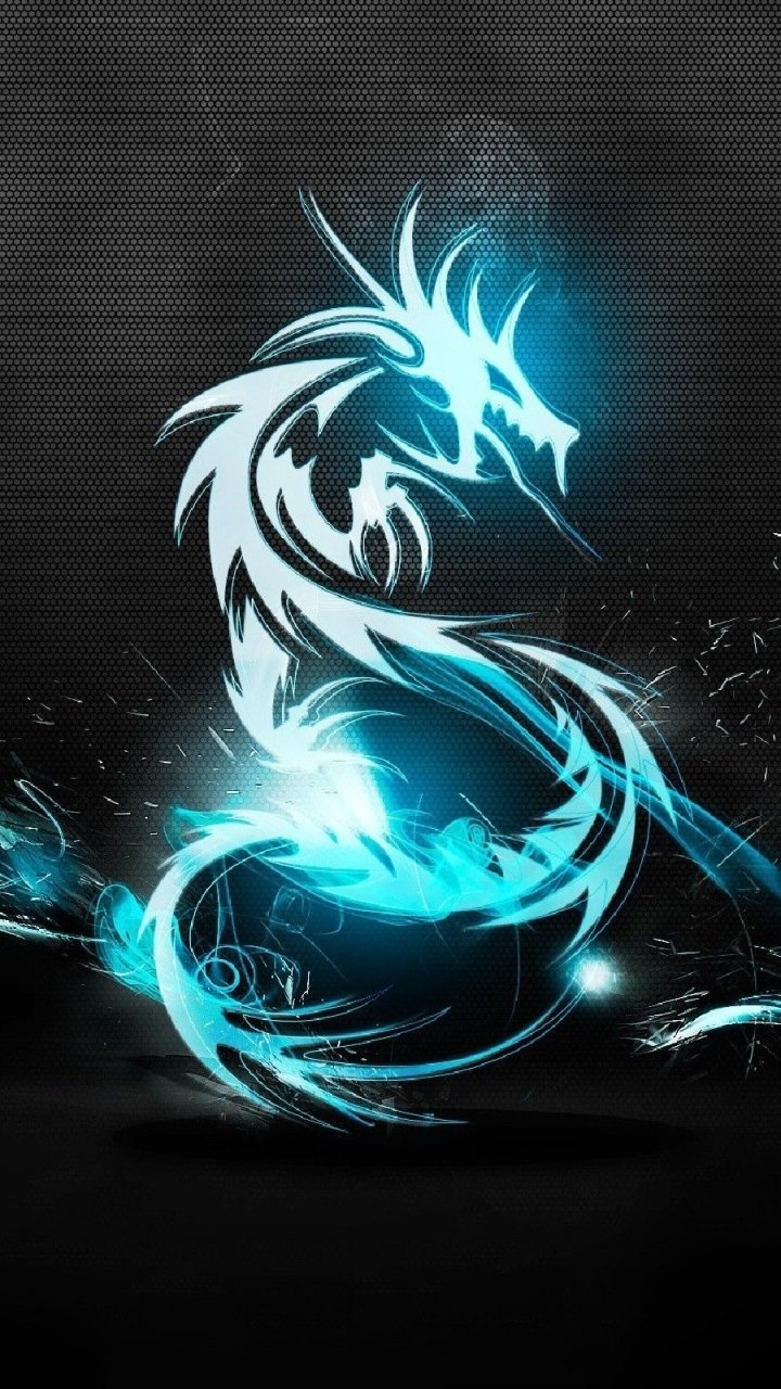 Phone wallpaper: glowing cyan dragon-shaped Kali Linux logo forming an S over a dark technology-textured background with sparks and light streaks.