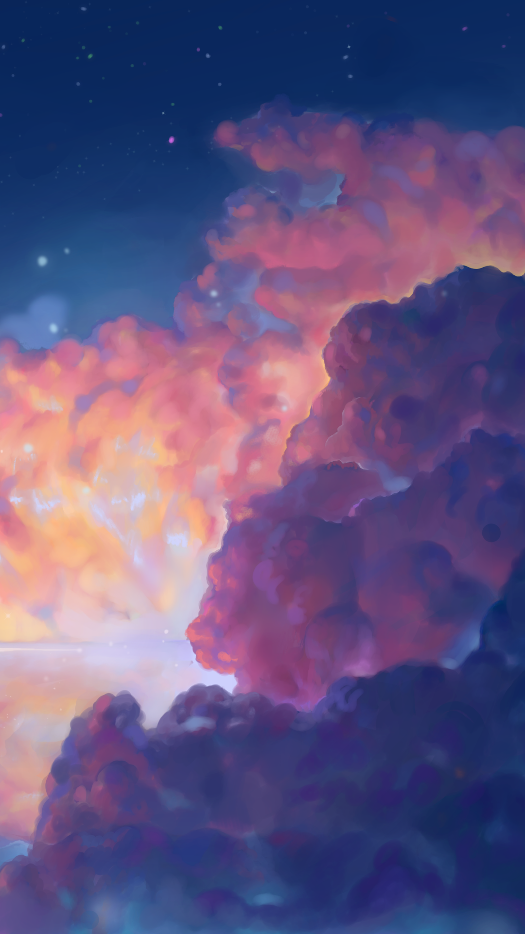 Anime Naruto phone wallpaper for iPhone and Android: vibrant pink, purple and blue sunset clouds with twinkling stars, soft glowing horizon in a dreamy, stylized sky.